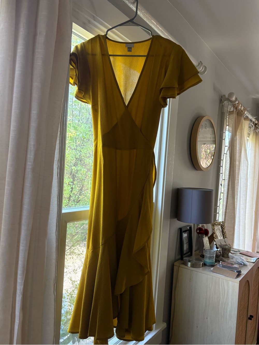 a new day Mustard Yellow Wrap Midi Dress with Ruffle Skirt